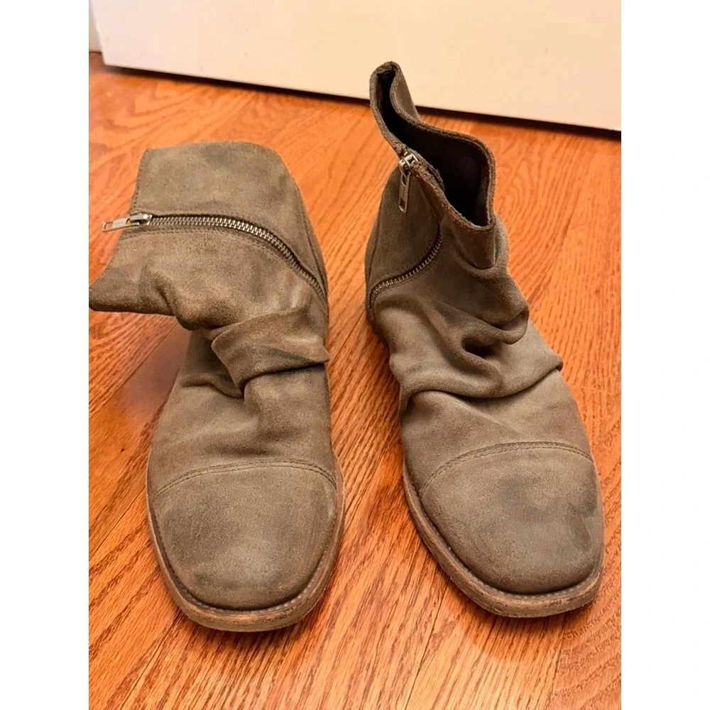 AllSaints Chelsea Boots Mens 44 Gray Suede Slouchy Ruched Side Zip Cap Toe